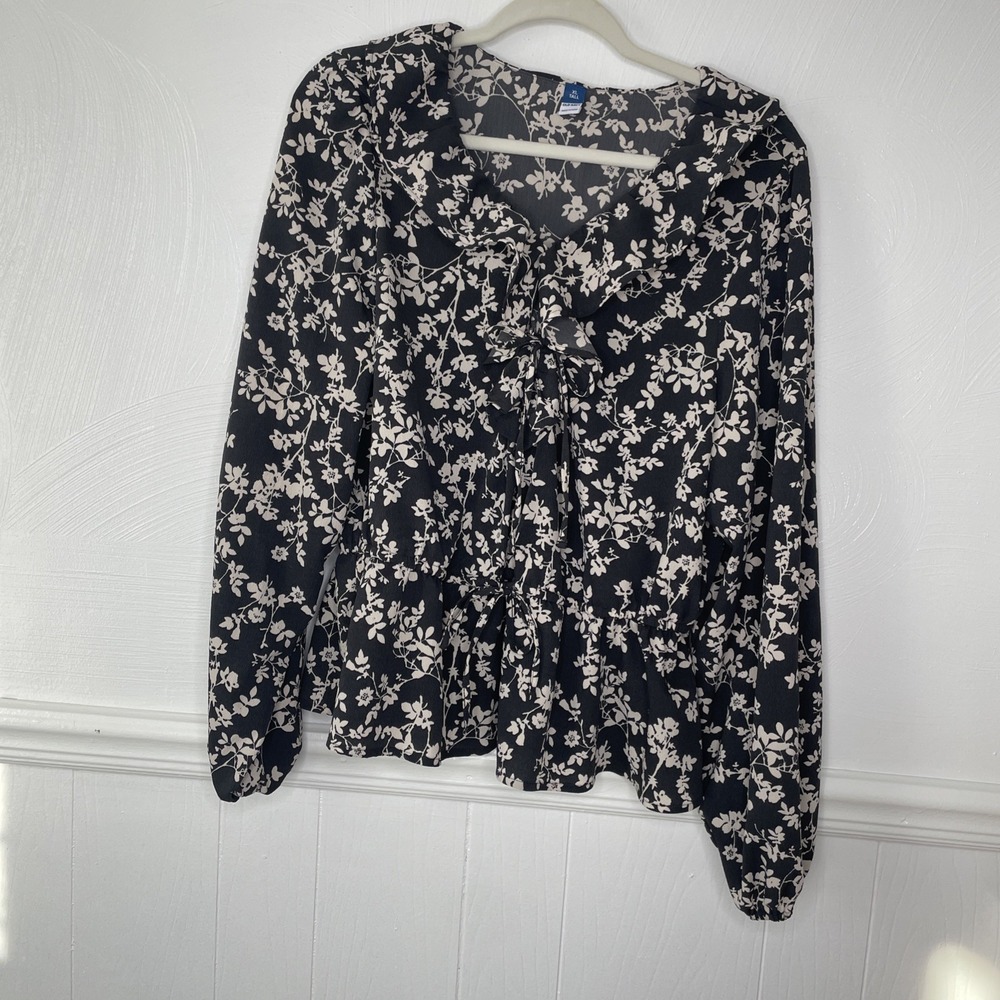 Old Navy Peplum Top Womens XL Tall Black Floral Ruffle Tie Neck Long Sleeve